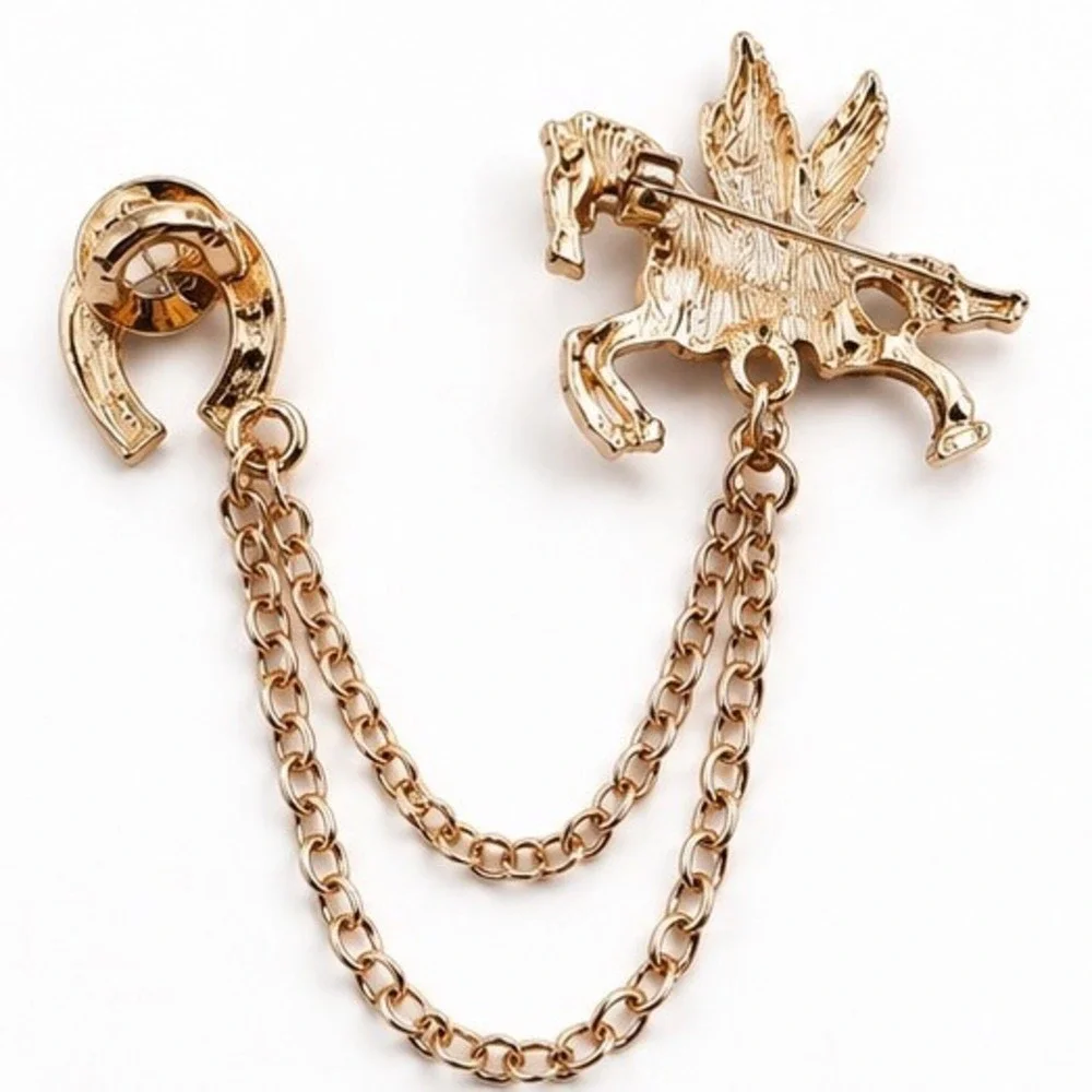 Pegasus & Horseshoe Rhinestone Draped Chain Brooch Collar Pin Hat Accessory